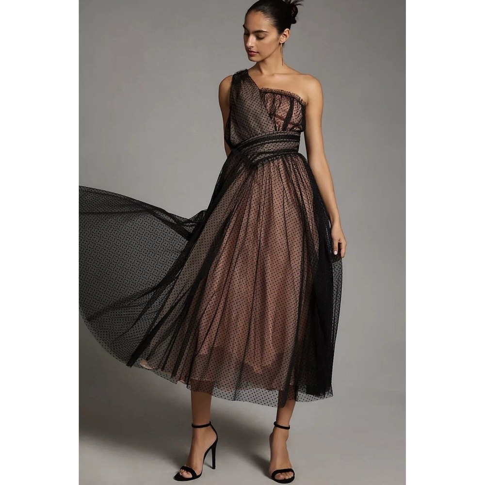 Anthropologie Tulle Dot Dress One Shoulder Mesh Black Nude Lining Size 8